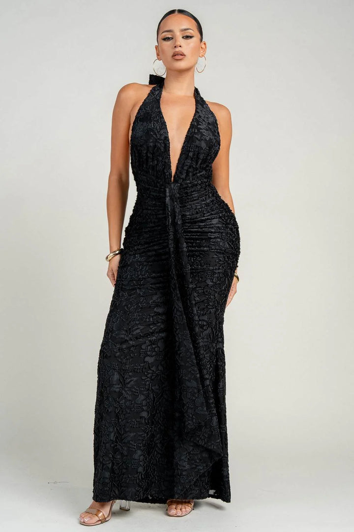 Deep Plunge Halter Maxi Dress