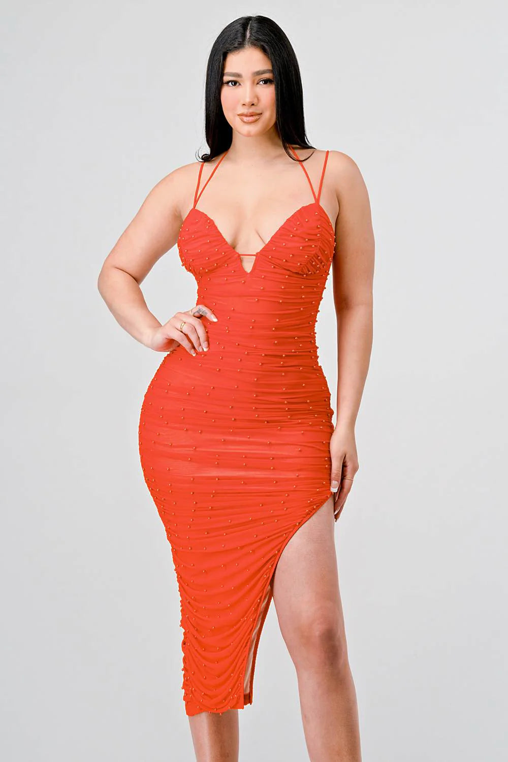 SEXY MESH LOW CUT BACK TIE NECK RUCHED MIDI DRESS - Vella Moda