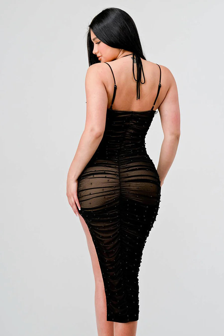 SEXY MESH LOW CUT BACK TIE NECK RUCHED MIDI DRESS - Vella Moda