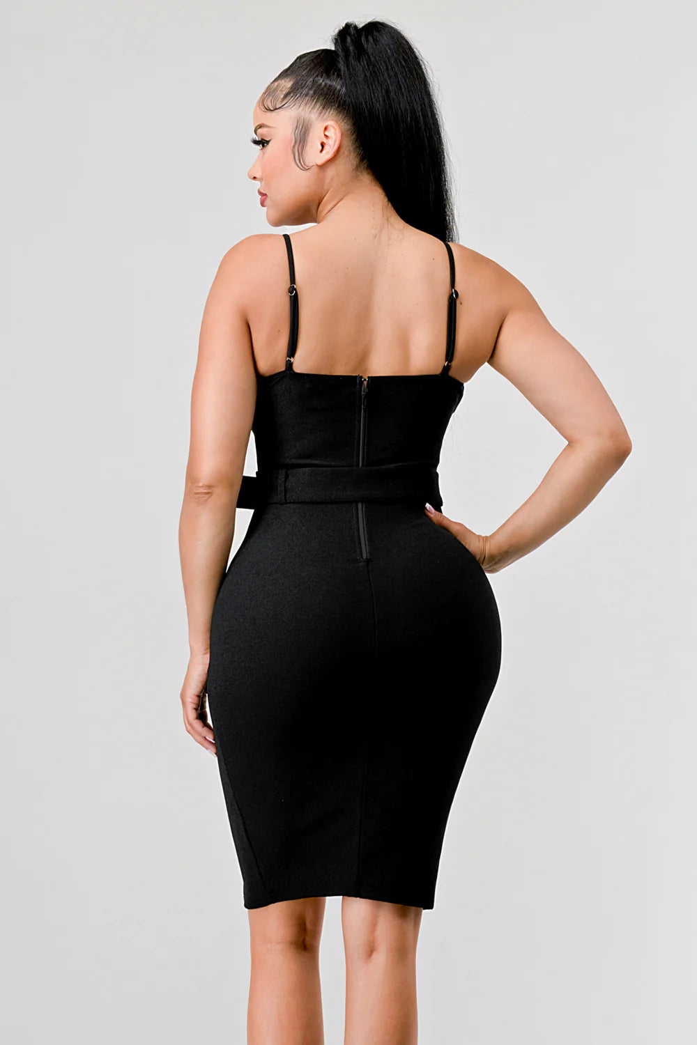 SEXY BELTED FRONT SLIT FAUX POCKETS MIDI DRESS - Vella Moda