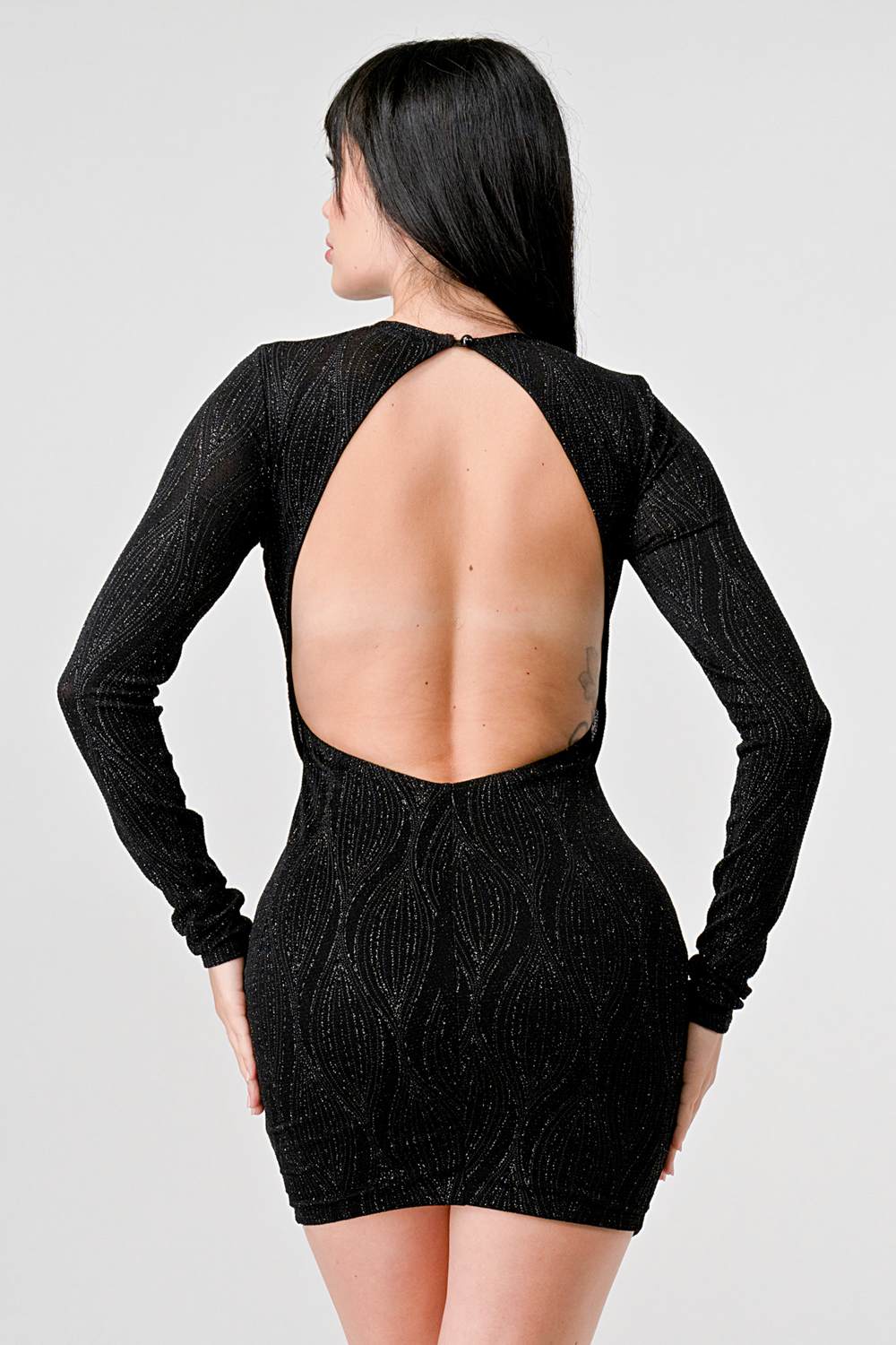 SEXY METALLIC GLITTER EXPOSED OPEN BACK MINI DRESS - Vella Moda