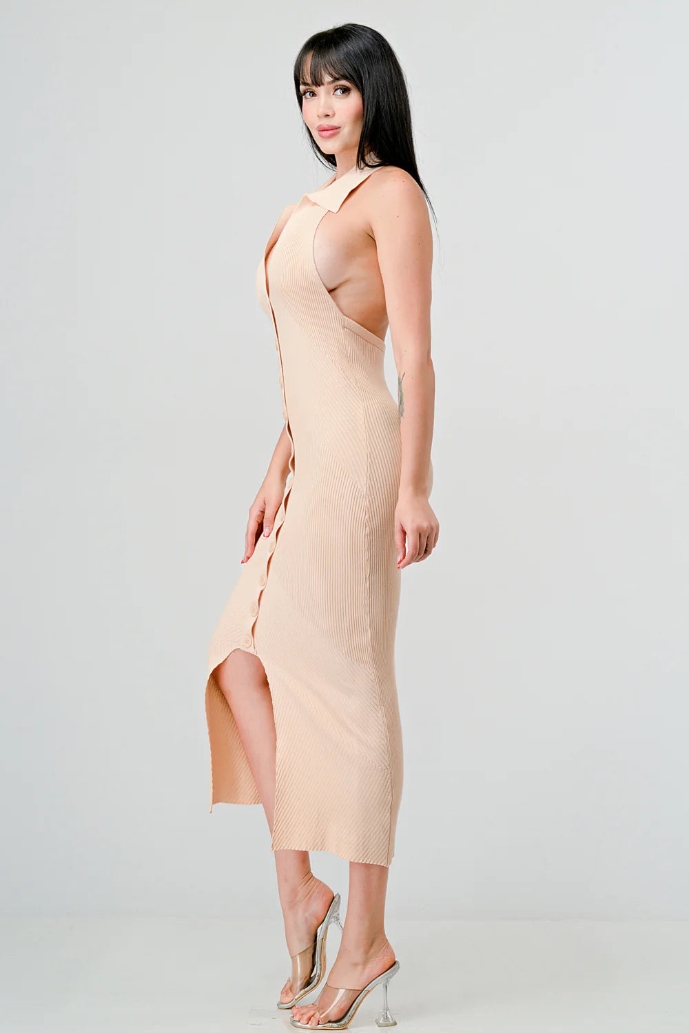 Privy sexy rib knit button-back midi dress featuring an exposed back and fitted silhouette, perfect for stylish evening wear.
