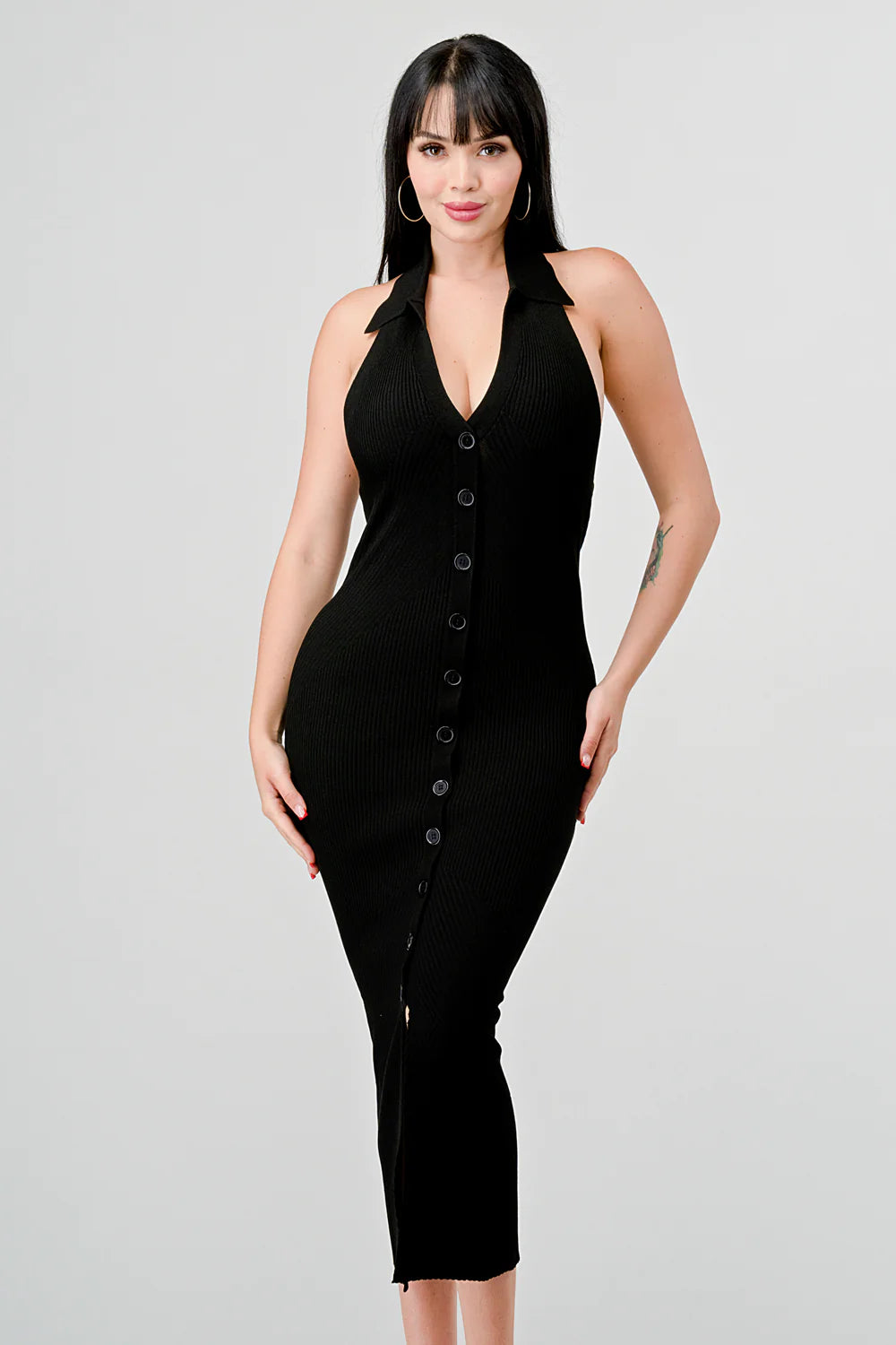 Privy sexy rib knit button midi dress with exposed back, featuring a fitted silhouette and stylish design.