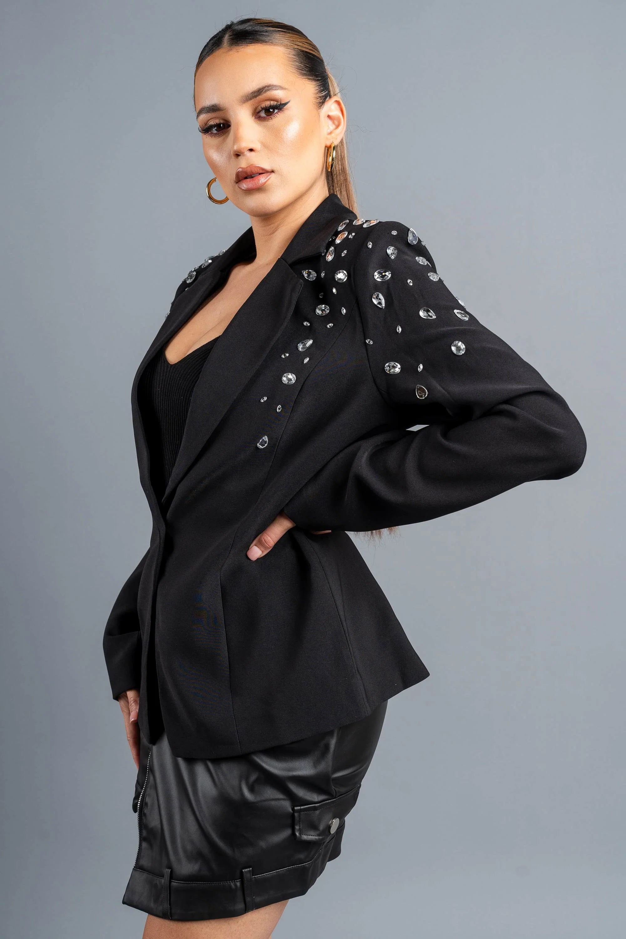 Privy rhinestone embellished blazer jacket featuring a tailored fit, with sparkling rhinestones on the lapels and front.