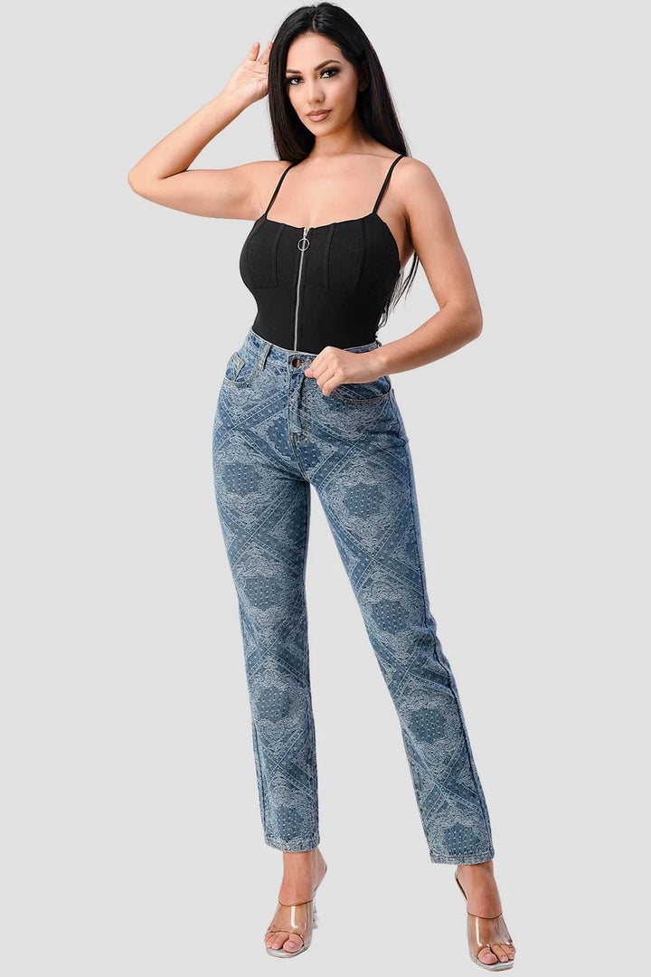 PRINT WASH HIGH WAISTED STRAIGHT LEG JEANS - Vella Moda