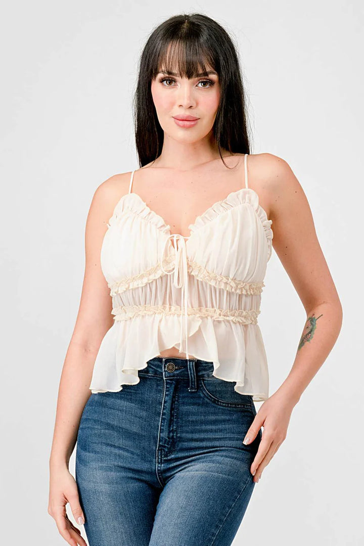 CHEALSEA CHIFFON SWEETHEART SMOCKED BACK RUCHED RUFFLED SHEER CAMI TOP - Vella Moda