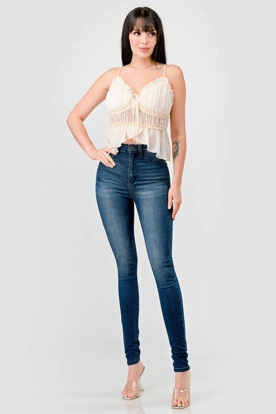 CHEALSEA CHIFFON SWEETHEART SMOCKED BACK RUCHED RUFFLED SHEER CAMI TOP - Vella Moda