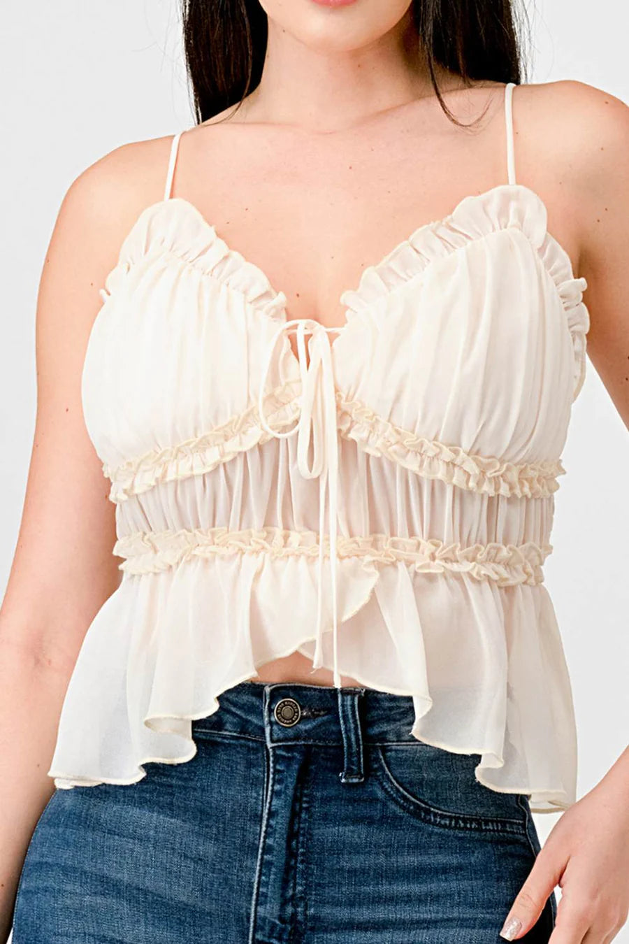 CHEALSEA CHIFFON SWEETHEART SMOCKED BACK RUCHED RUFFLED SHEER CAMI TOP - Vella Moda