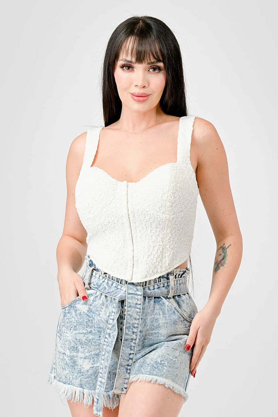 CRINKLE STRETCH KNIT SWEETHEART HOOKED BUSTIER CROPPED TOP - Vella Moda