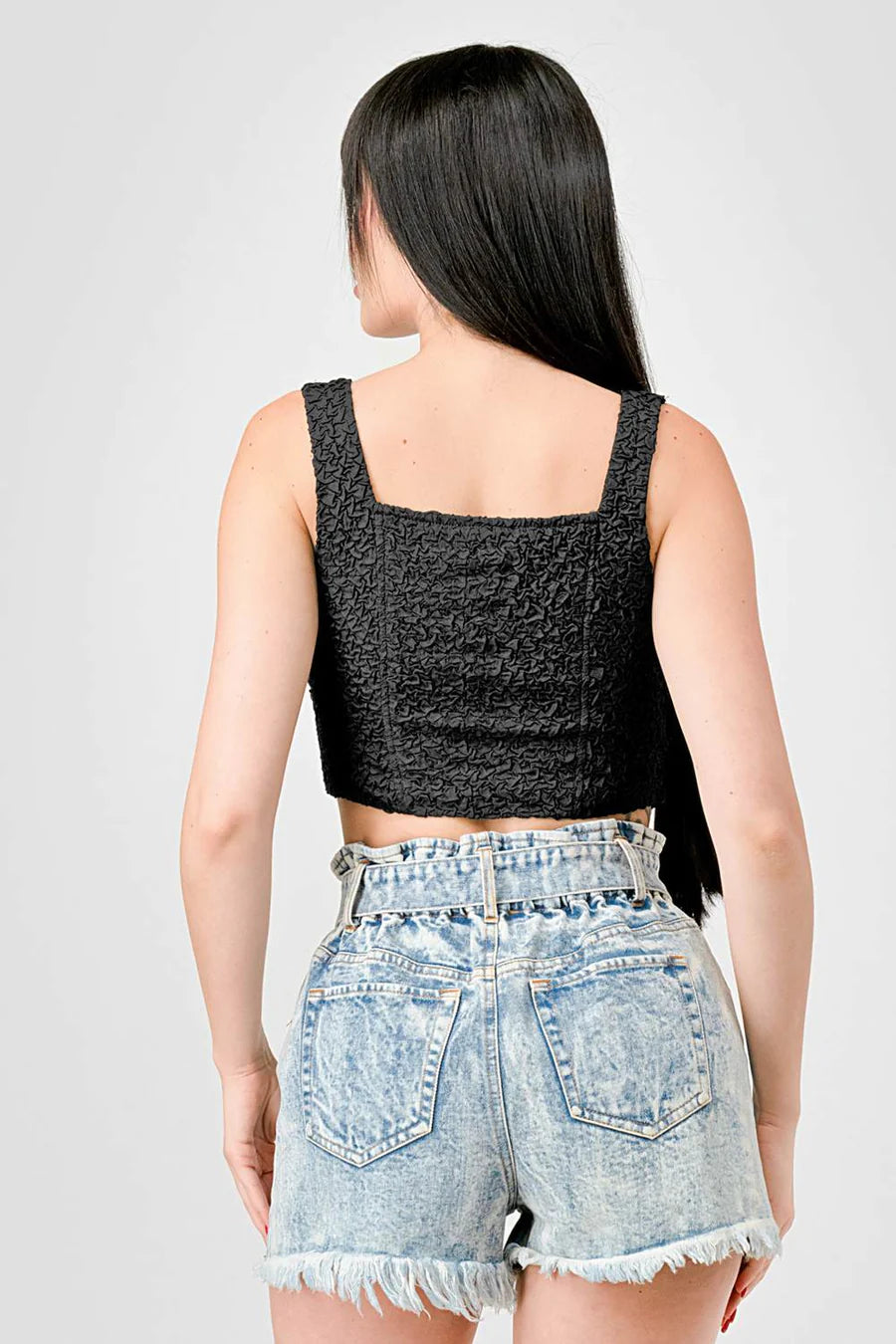 CRINKLE STRETCH KNIT SWEETHEART HOOKED BUSTIER CROPPED TOP - Vella Moda