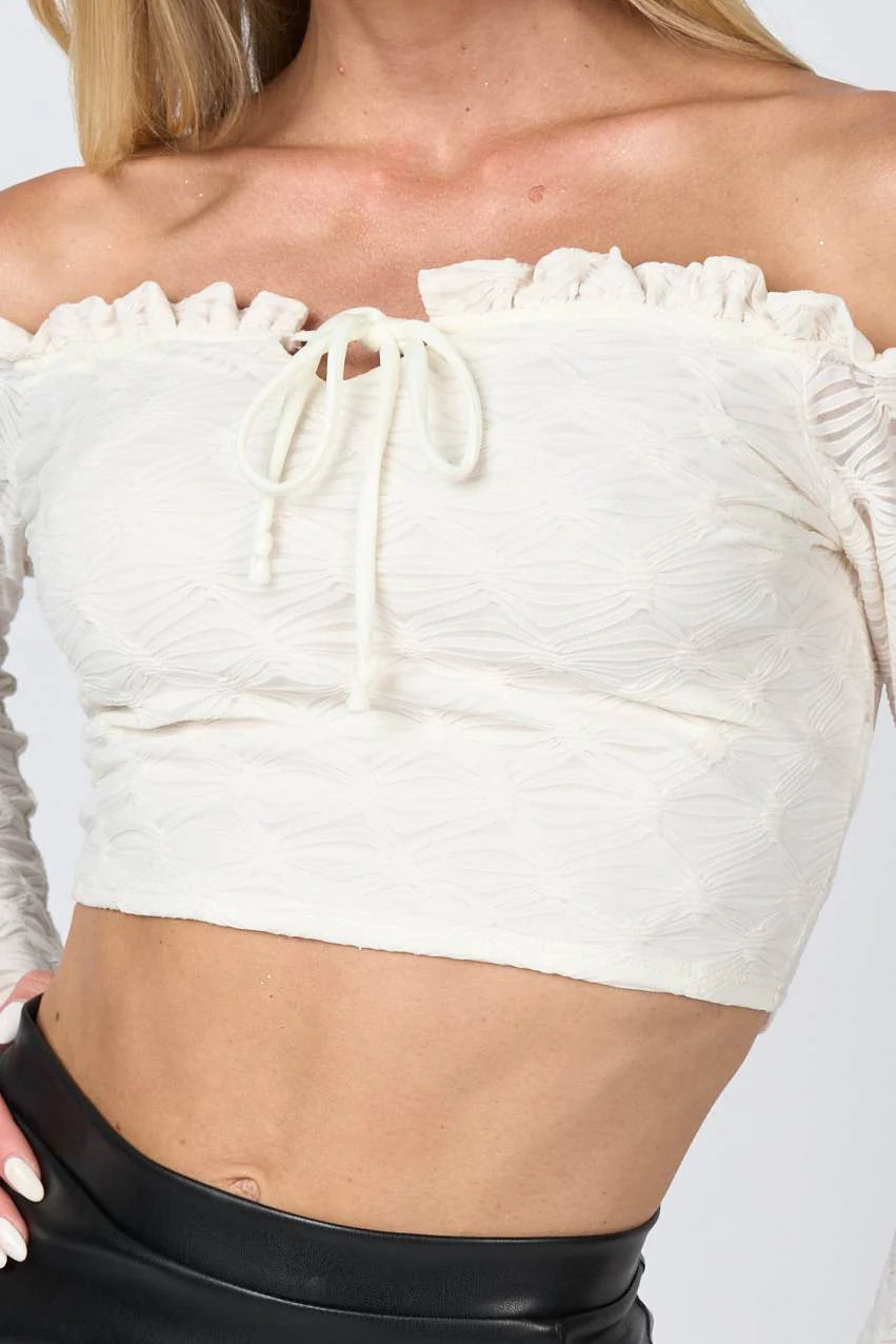 Privy diamond texture lace off-shoulder crop top featuring intricate lace details and a fashionable off-shoulder design.