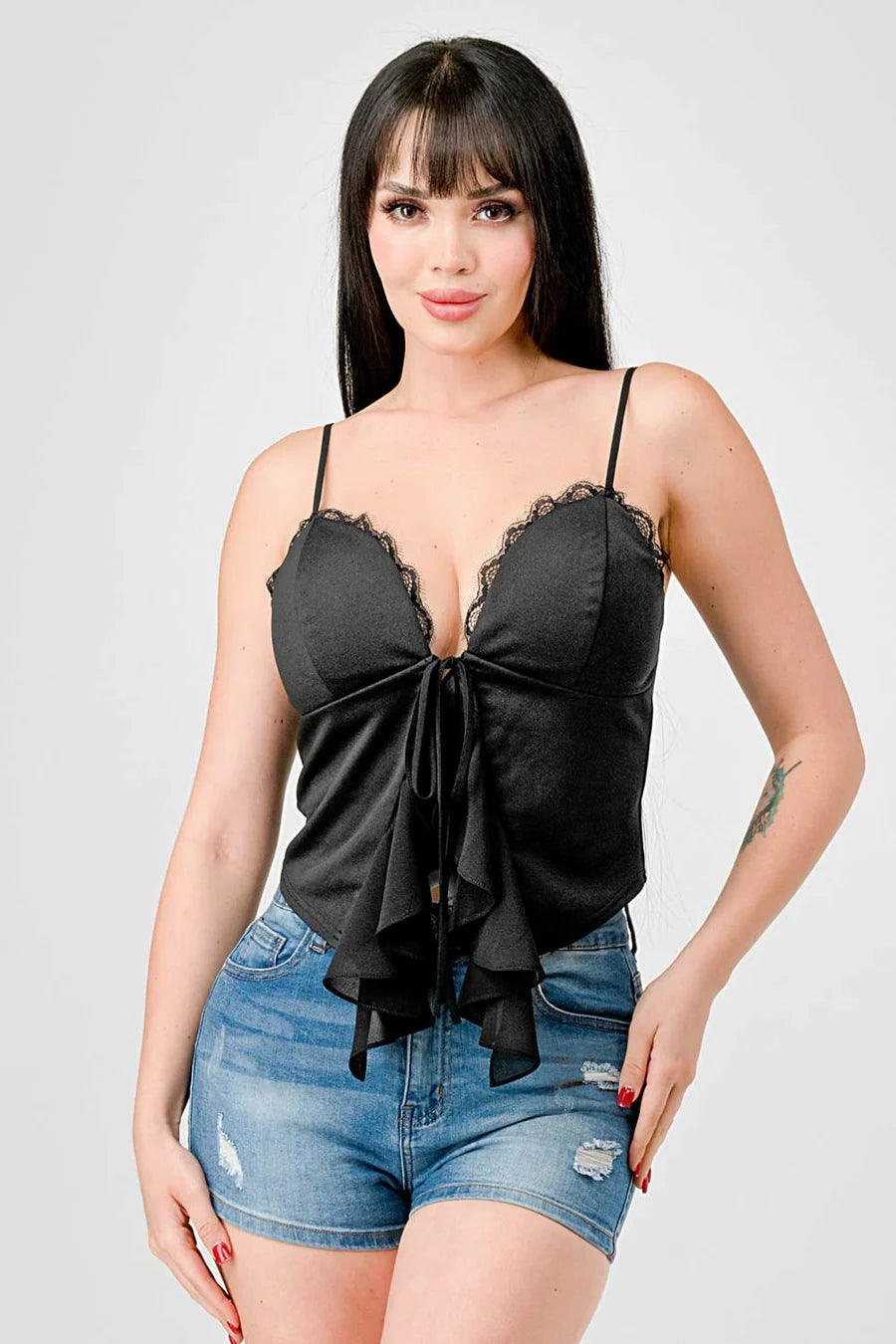 LACE TRIM SWEETHEART DRAWSTRING BOW TIE RUFFLED DRAPED CAMI TOP - Vella Moda