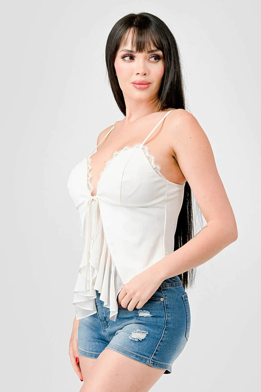 LACE TRIM SWEETHEART DRAWSTRING BOW TIE RUFFLED DRAPED CAMI TOP - Vella Moda