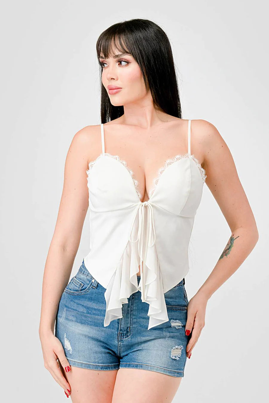 LACE TRIM SWEETHEART DRAWSTRING BOW TIE RUFFLED DRAPED CAMI TOP - Vella Moda