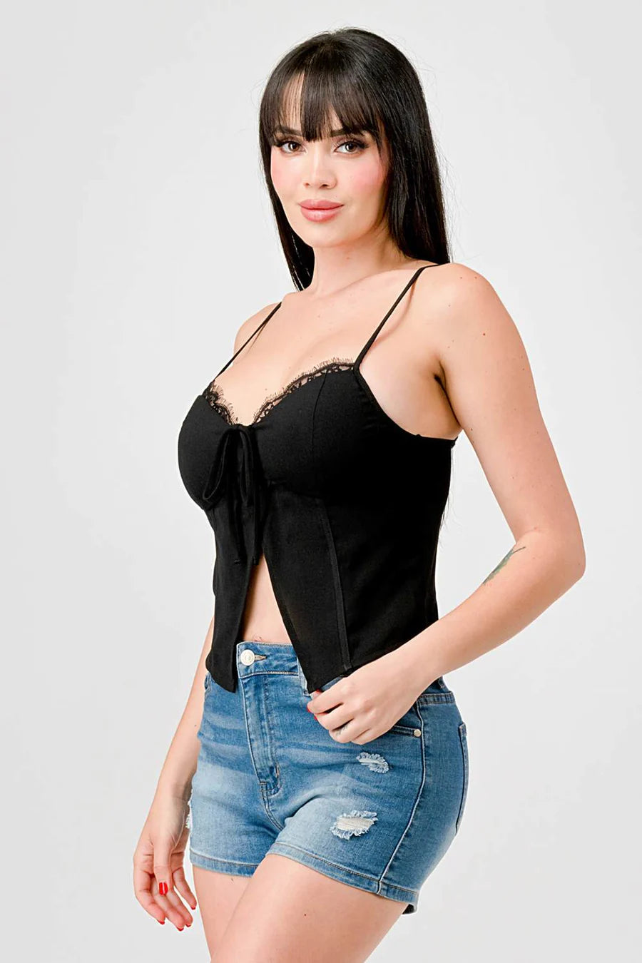 LUXE LACE TRIM SWEETHEART DRAWSTRING BOW ZIPPER CLOSURE BACK CAMI TOP - Vella Moda