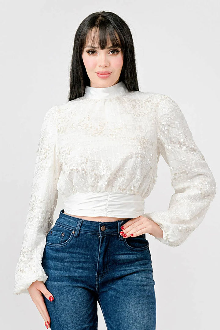 LUXE SEQUINS TEXTURE SATIN OPEN BACK TIE CROPPED TOP - Vella Moda