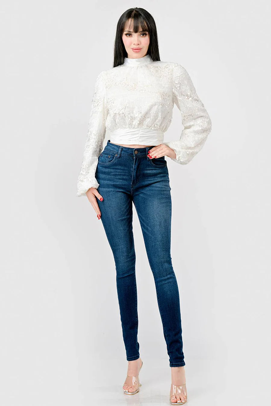 LUXE SEQUINS TEXTURE SATIN OPEN BACK TIE CROPPED TOP - Vella Moda