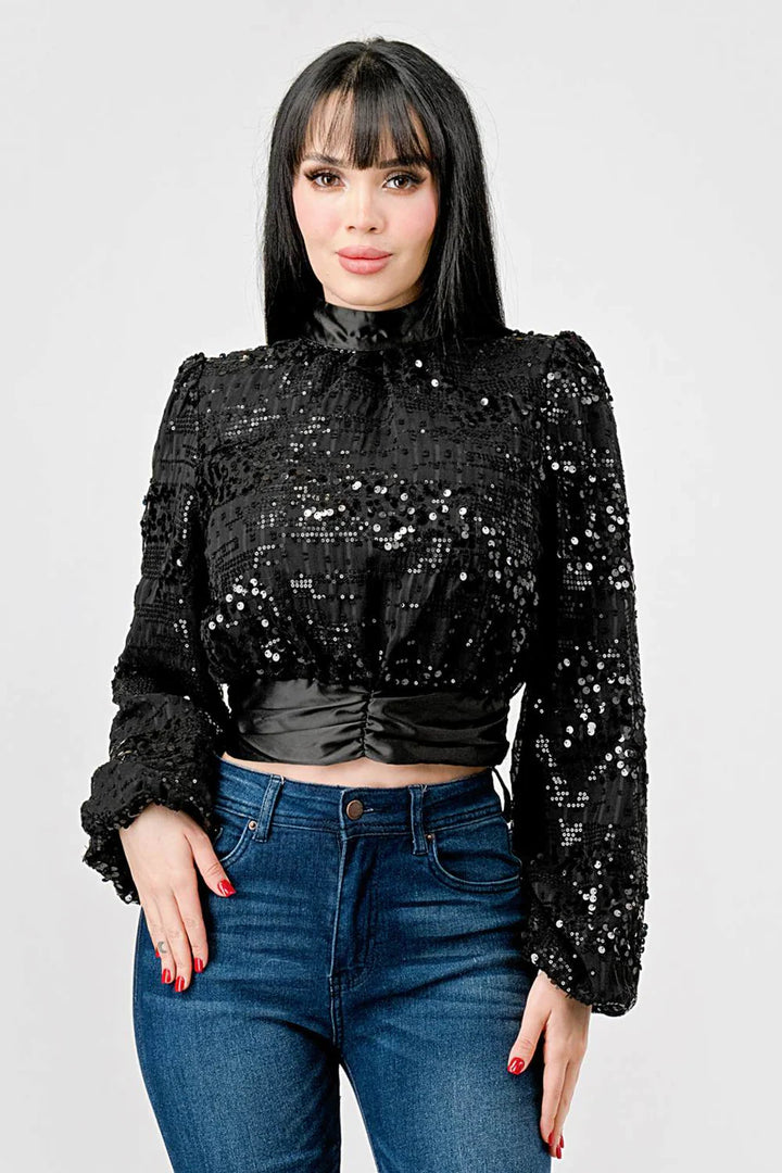 LUXE SEQUINS TEXTURE SATIN OPEN BACK TIE CROPPED TOP - Vella Moda
