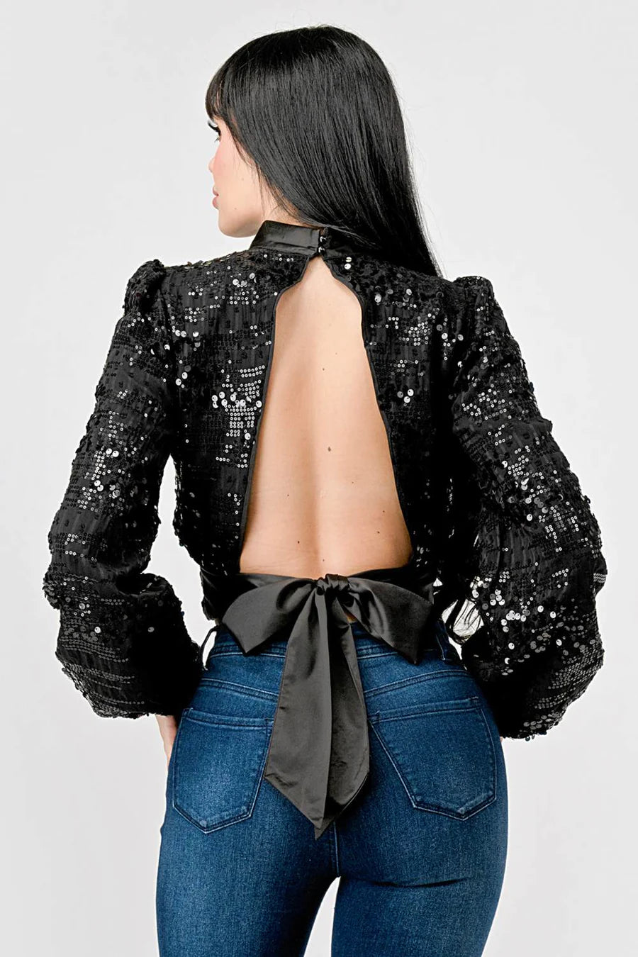 LUXE SEQUINS TEXTURE SATIN OPEN BACK TIE CROPPED TOP - Vella Moda