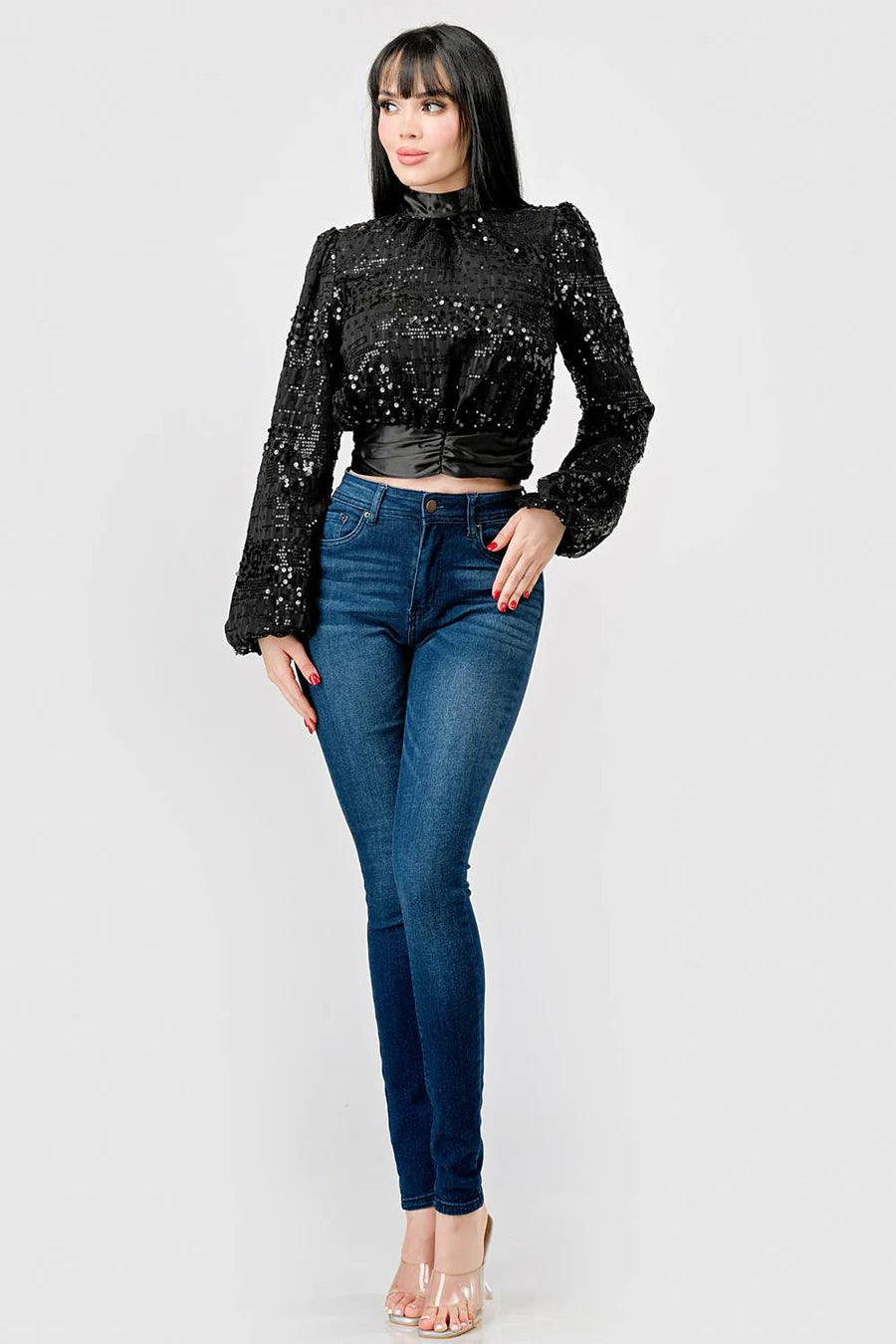 LUXE SEQUINS TEXTURE SATIN OPEN BACK TIE CROPPED TOP - Vella Moda