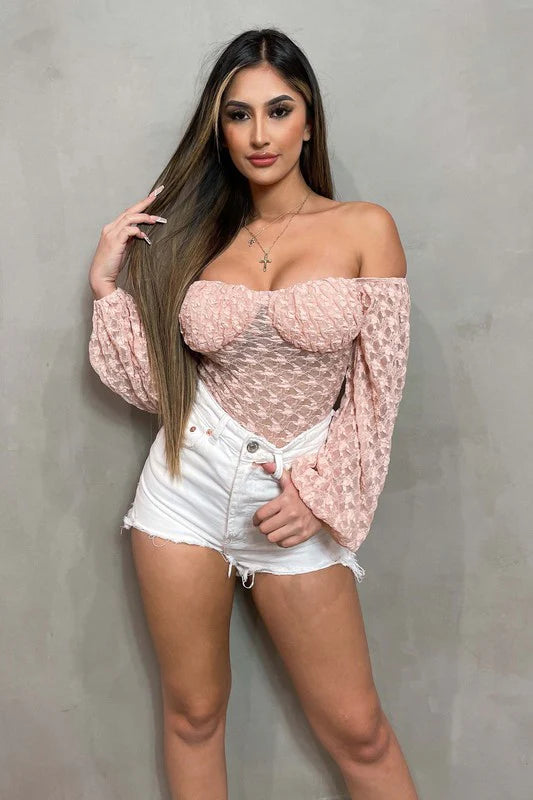 LUXE SHEER LACE OFF SHOULDER LONG SLEEVE BODYSUIT - Vella Moda