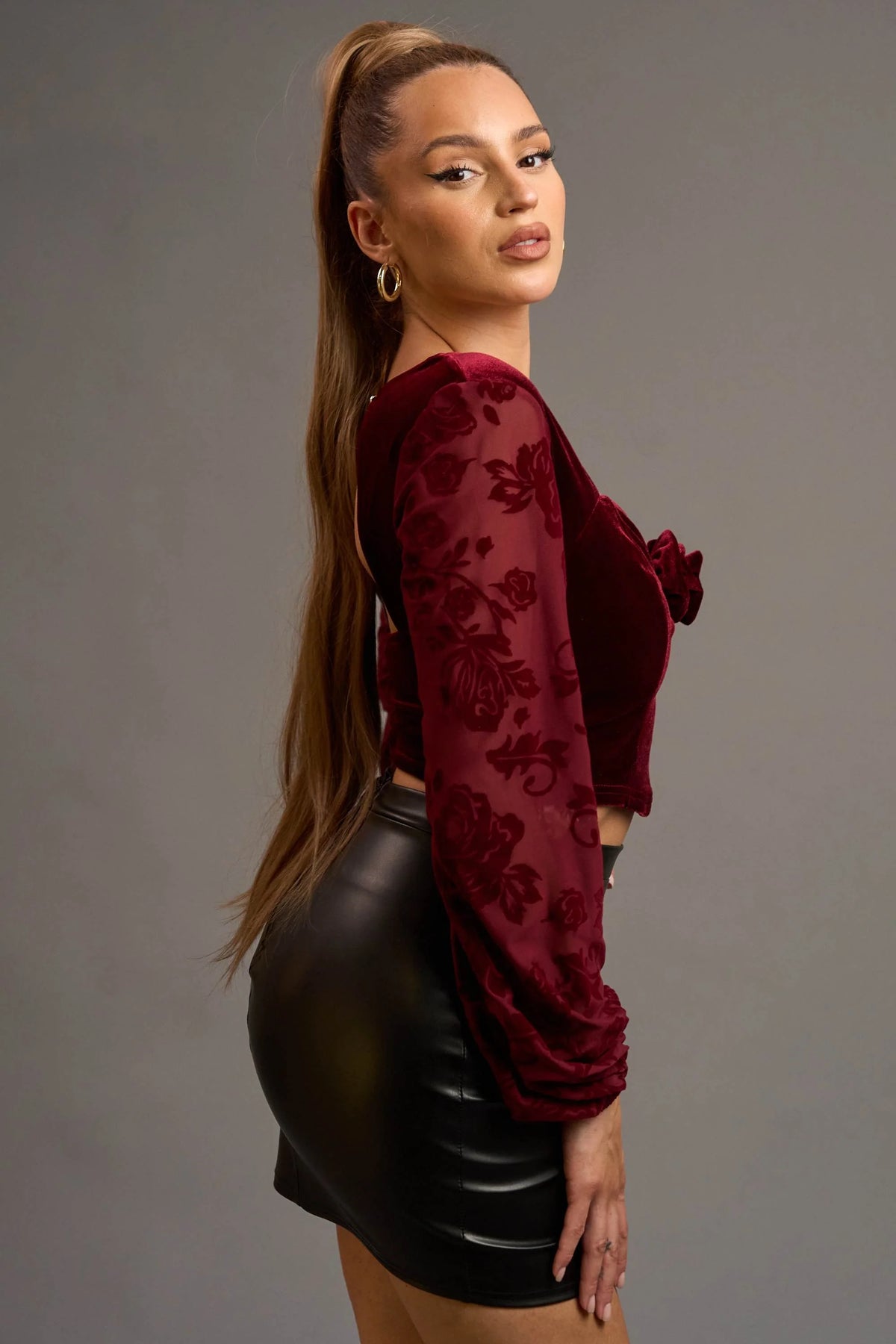 Luxe Velvet Rosette Peasant Crop Top - Vella Moda
