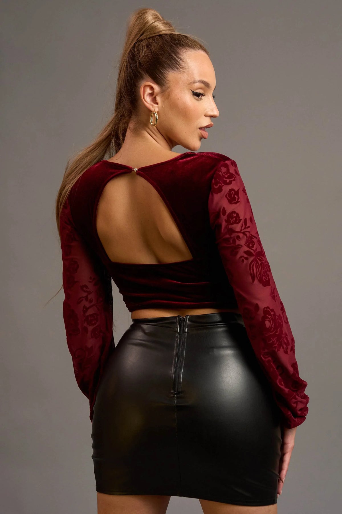 Luxe Velvet Rosette Peasant Crop Top - Vella Moda