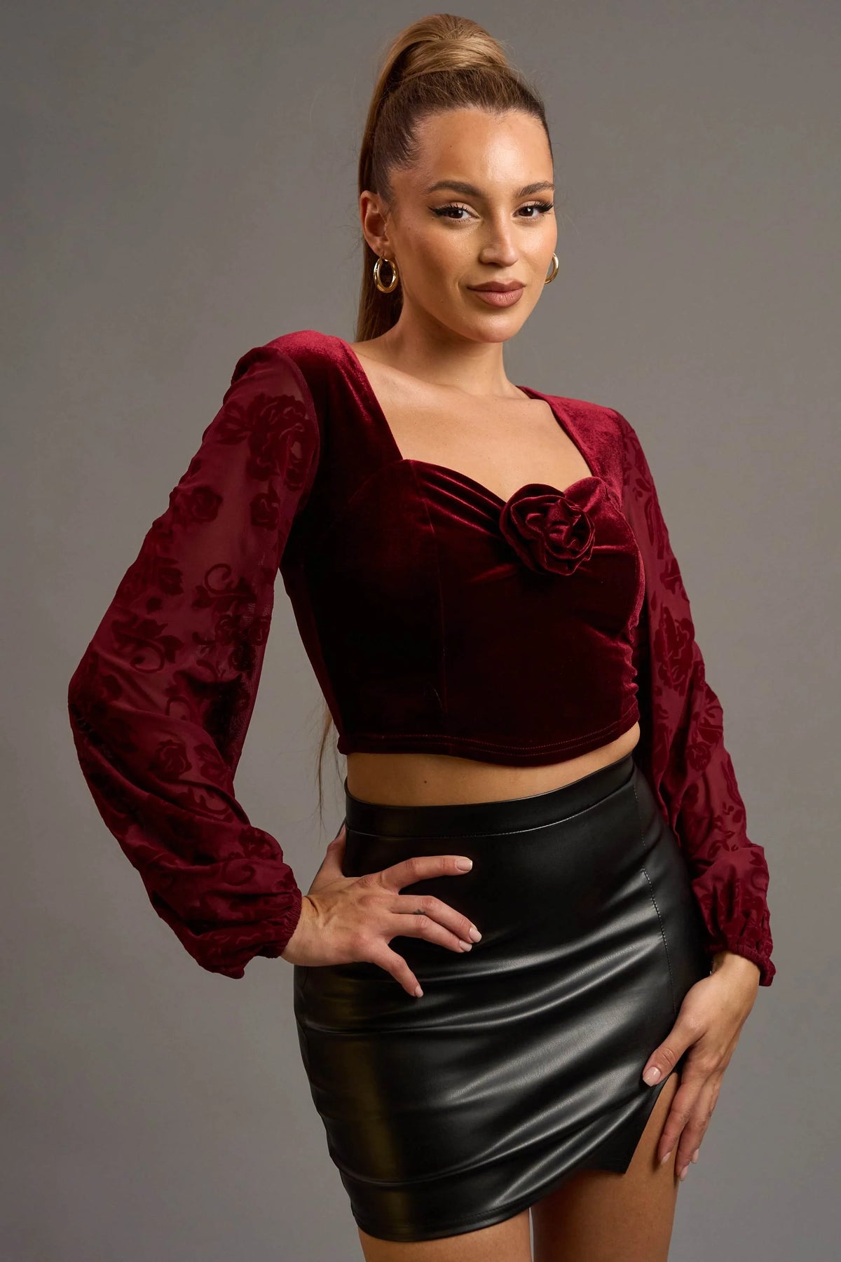 Luxe Velvet Rosette Peasant Crop Top - Vella Moda