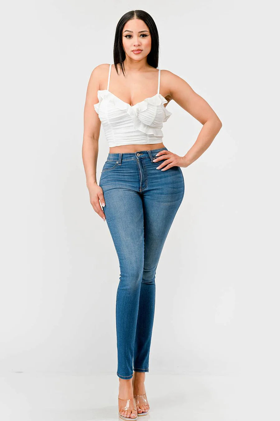 MESH CONTRAST RUCHED SWEETHEART WITH CHIFFON CAMISOLE RUFFLED CROPPED TOP - Vella Moda