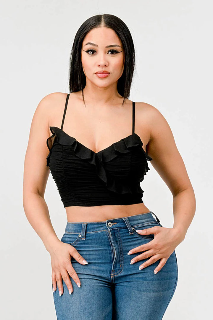 MESH CONTRAST RUCHED SWEETHEART WITH CHIFFON CAMISOLE RUFFLED CROPPED TOP - Vella Moda