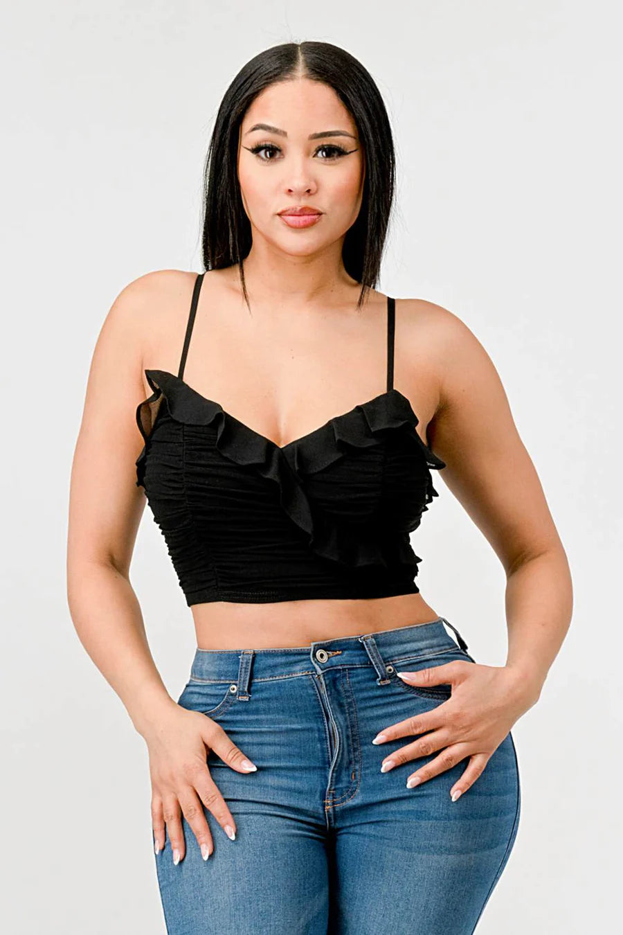 MESH CONTRAST RUCHED SWEETHEART WITH CHIFFON CAMISOLE RUFFLED CROPPED TOP - Vella Moda