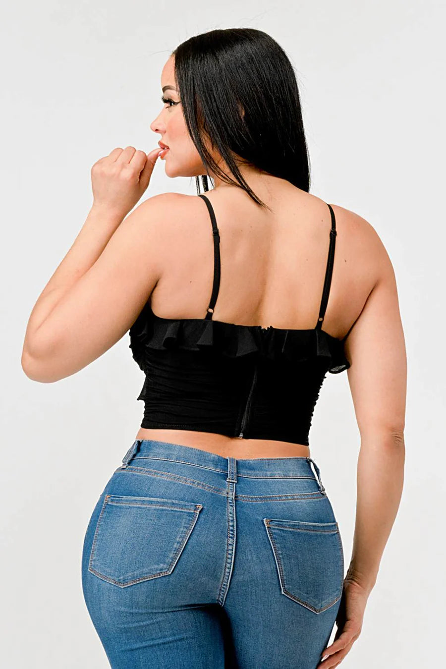 MESH CONTRAST RUCHED SWEETHEART WITH CHIFFON CAMISOLE RUFFLED CROPPED TOP - Vella Moda