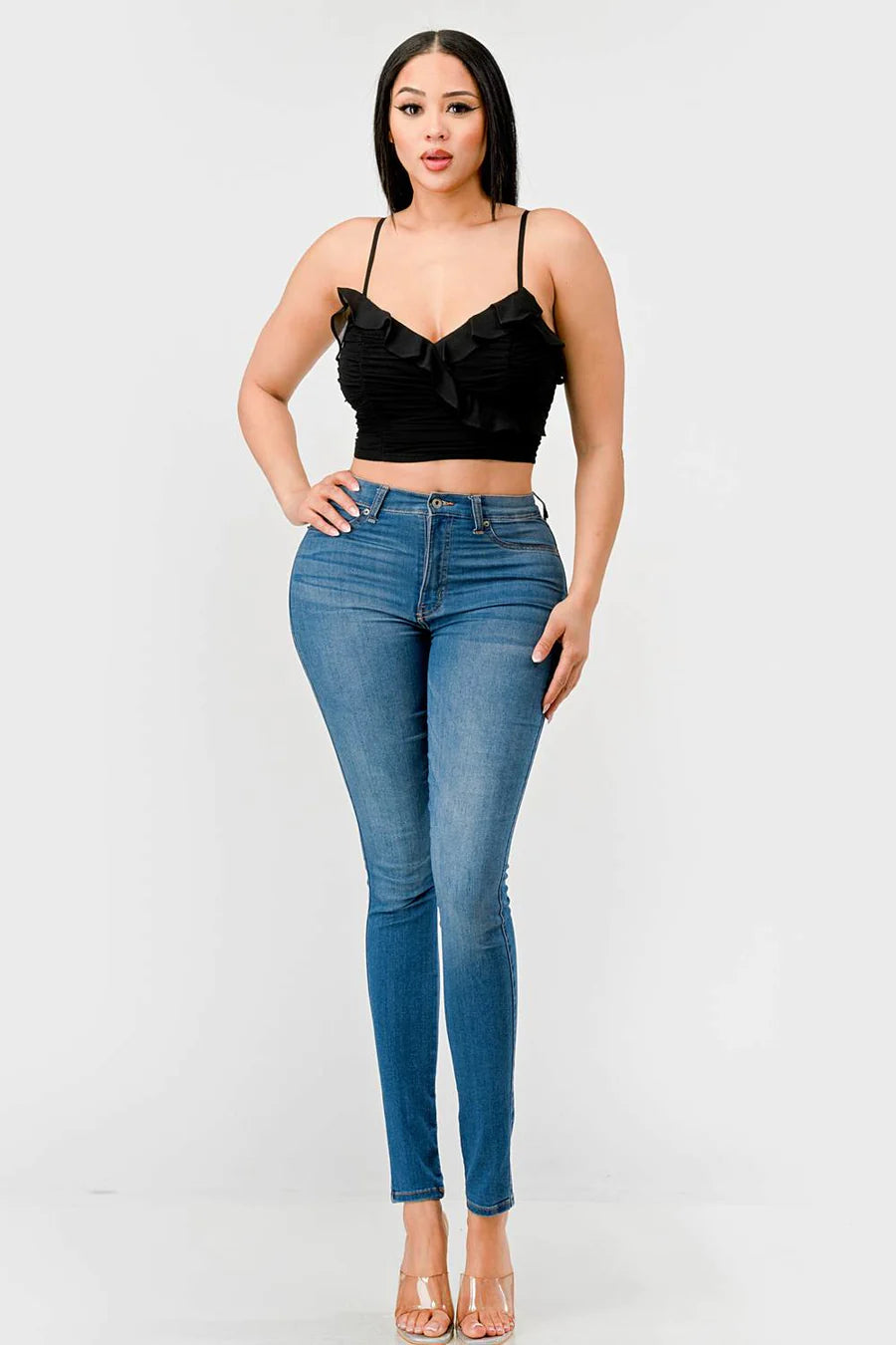 MESH CONTRAST RUCHED SWEETHEART WITH CHIFFON CAMISOLE RUFFLED CROPPED TOP - Vella Moda