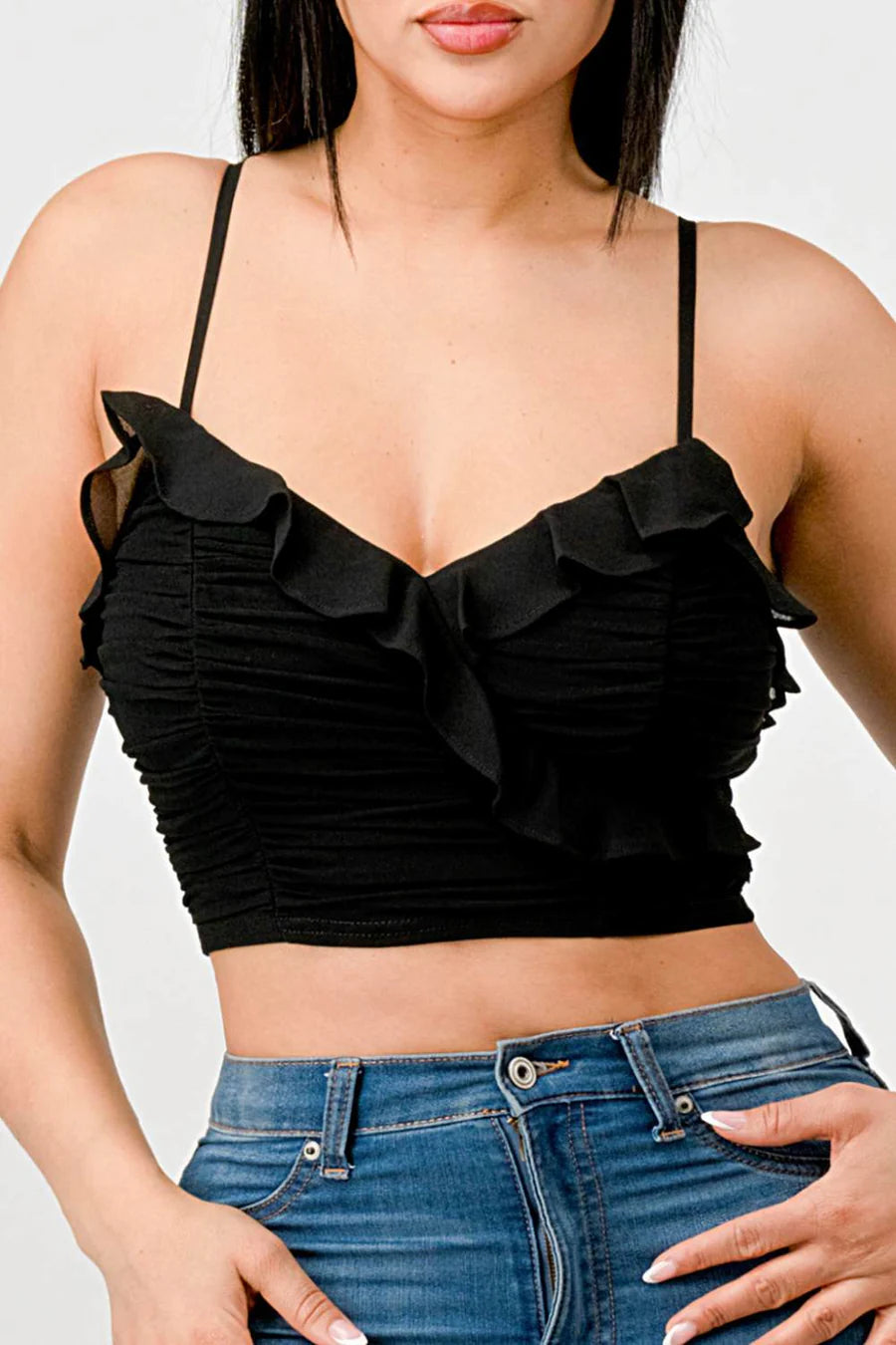MESH CONTRAST RUCHED SWEETHEART WITH CHIFFON CAMISOLE RUFFLED CROPPED TOP - Vella Moda
