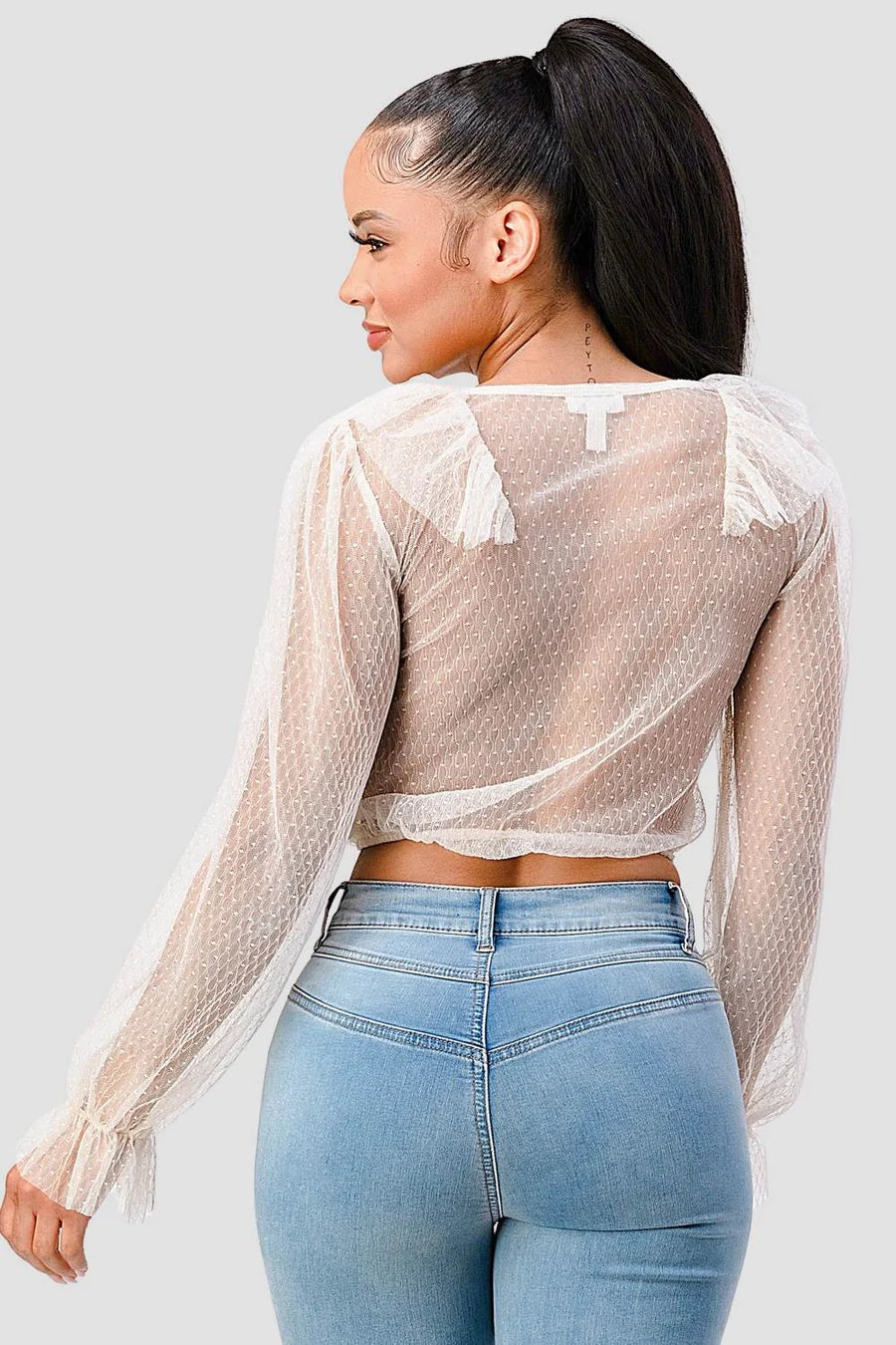 POLKA DOT MESH V-NECK RUFFLE DRAPED DRAWSTRING BOW PUFF LONG SLEEVES CROPPED TOP - Vella Moda