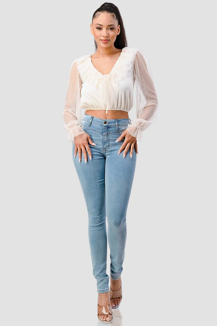 POLKA DOT MESH V-NECK RUFFLE DRAPED DRAWSTRING BOW PUFF LONG SLEEVES CROPPED TOP - Vella Moda