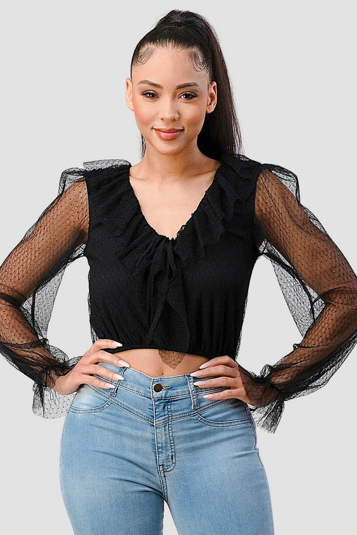 POLKA DOT MESH V-NECK RUFFLE DRAPED DRAWSTRING BOW PUFF LONG SLEEVES CROPPED TOP - Vella Moda