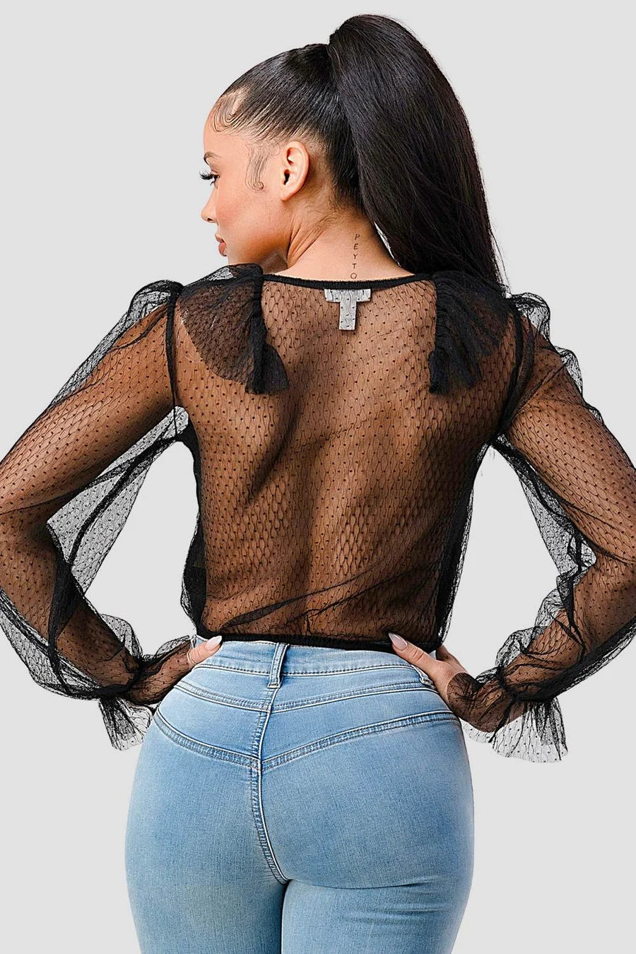 POLKA DOT MESH V-NECK RUFFLE DRAPED DRAWSTRING BOW PUFF LONG SLEEVES CROPPED TOP - Vella Moda