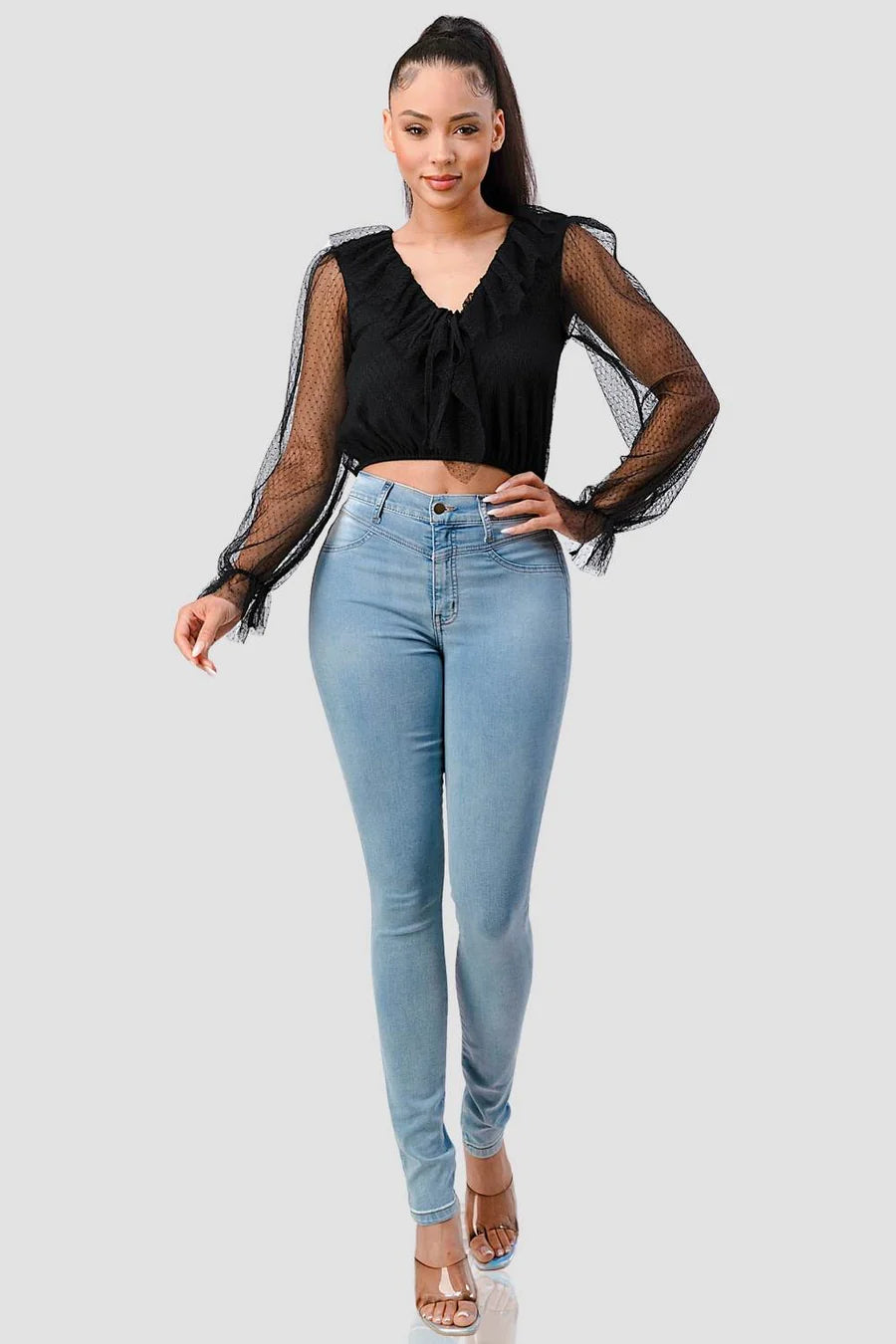 POLKA DOT MESH V-NECK RUFFLE DRAPED DRAWSTRING BOW PUFF LONG SLEEVES CROPPED TOP - Vella Moda