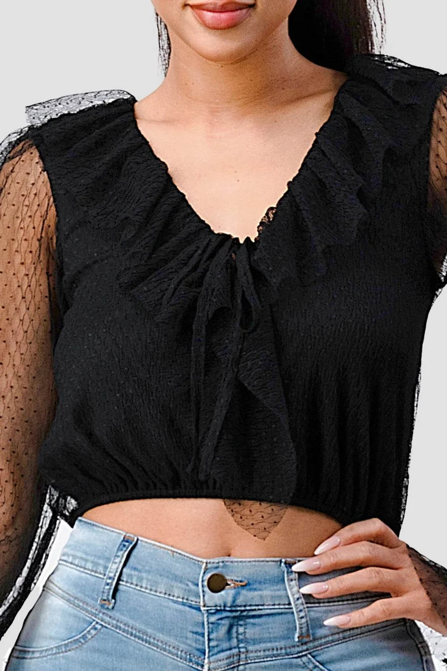 POLKA DOT MESH V-NECK RUFFLE DRAPED DRAWSTRING BOW PUFF LONG SLEEVES CROPPED TOP - Vella Moda