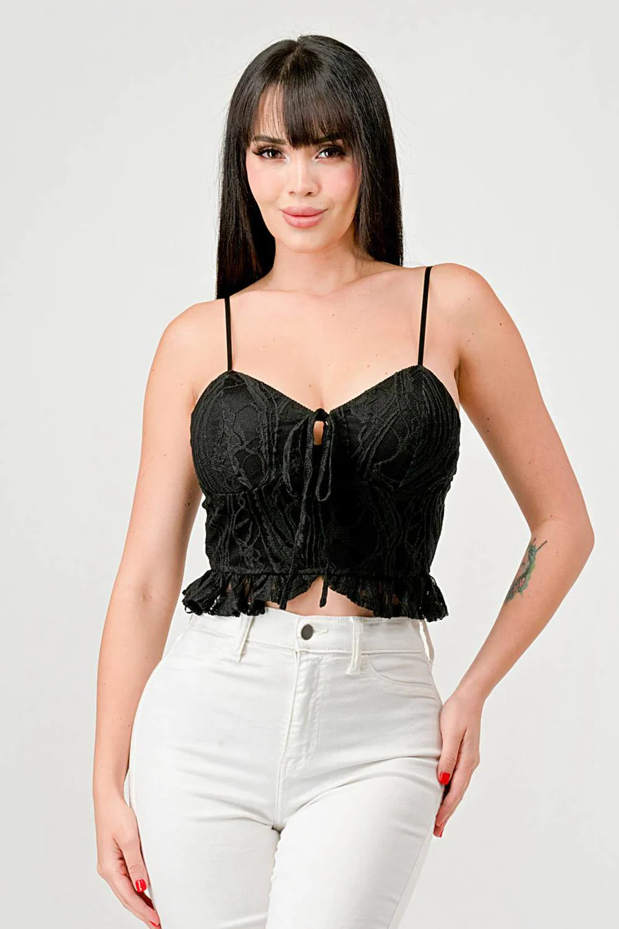 SUPER STRETCH COTTON LACE SWEETHEART DRAWSTRING RUFFLED CROPPED CAMI TOP - Vella Moda