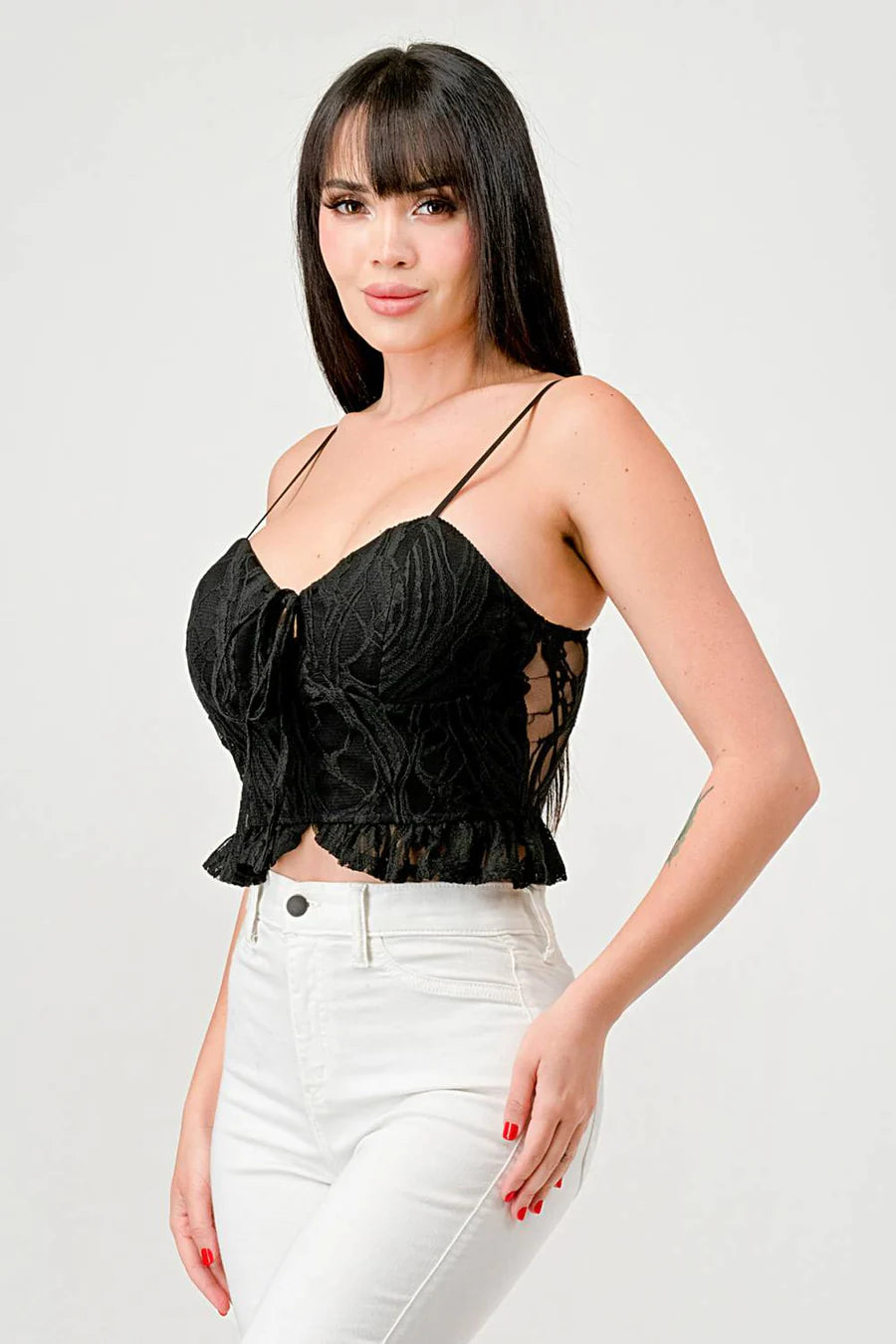 SUPER STRETCH COTTON LACE SWEETHEART DRAWSTRING RUFFLED CROPPED CAMI TOP - Vella Moda