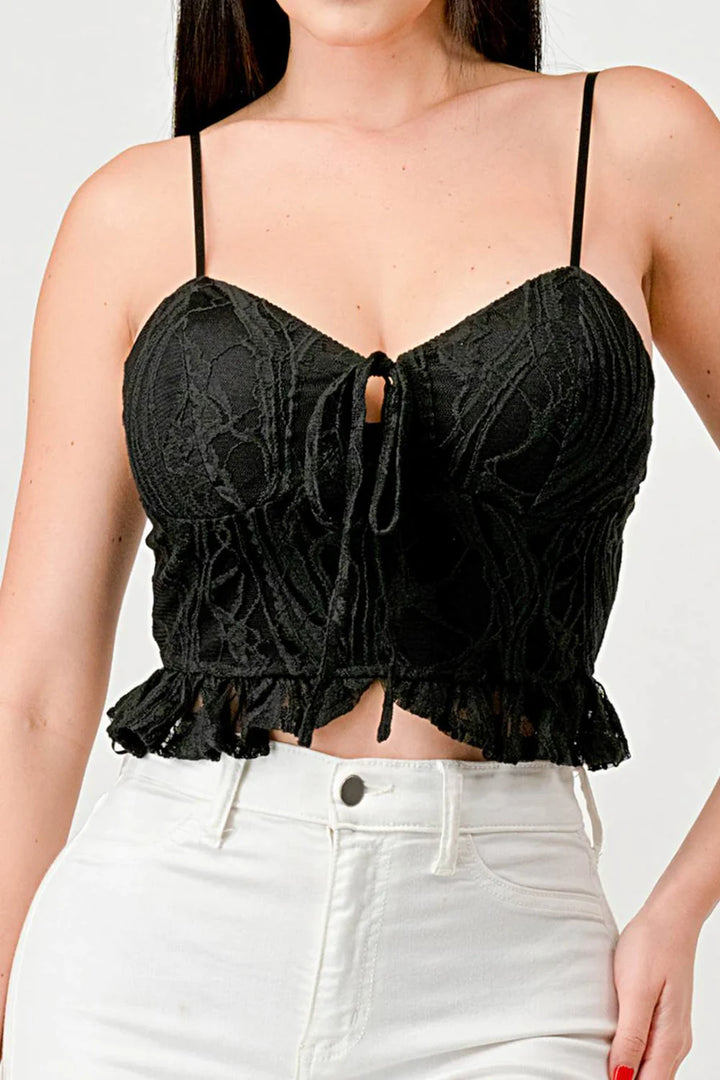SUPER STRETCH COTTON LACE SWEETHEART DRAWSTRING RUFFLED CROPPED CAMI TOP - Vella Moda