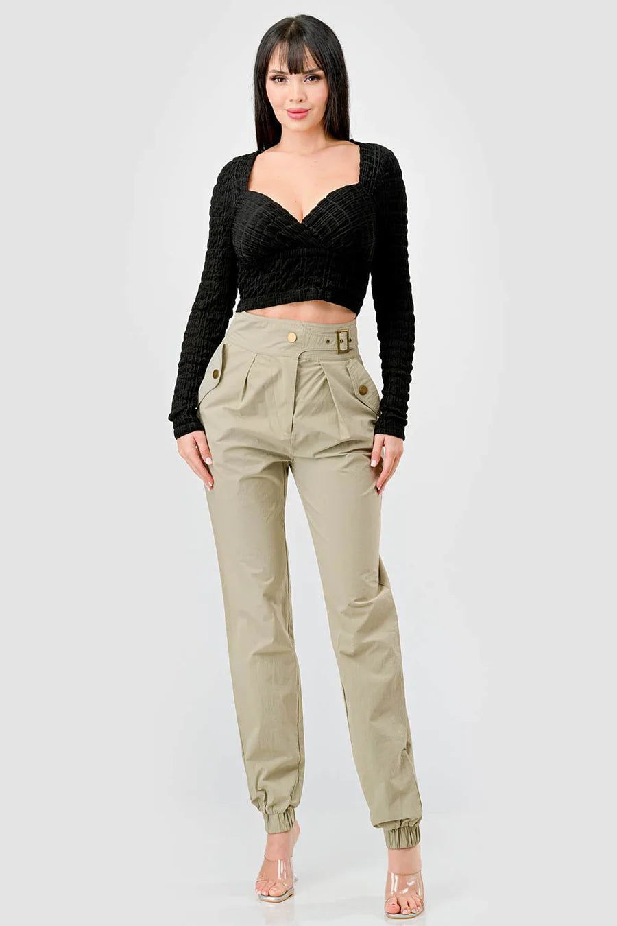 TEXTURED SWEETHEART LONG SLEEVES CROPPED TOP - Vella Moda
