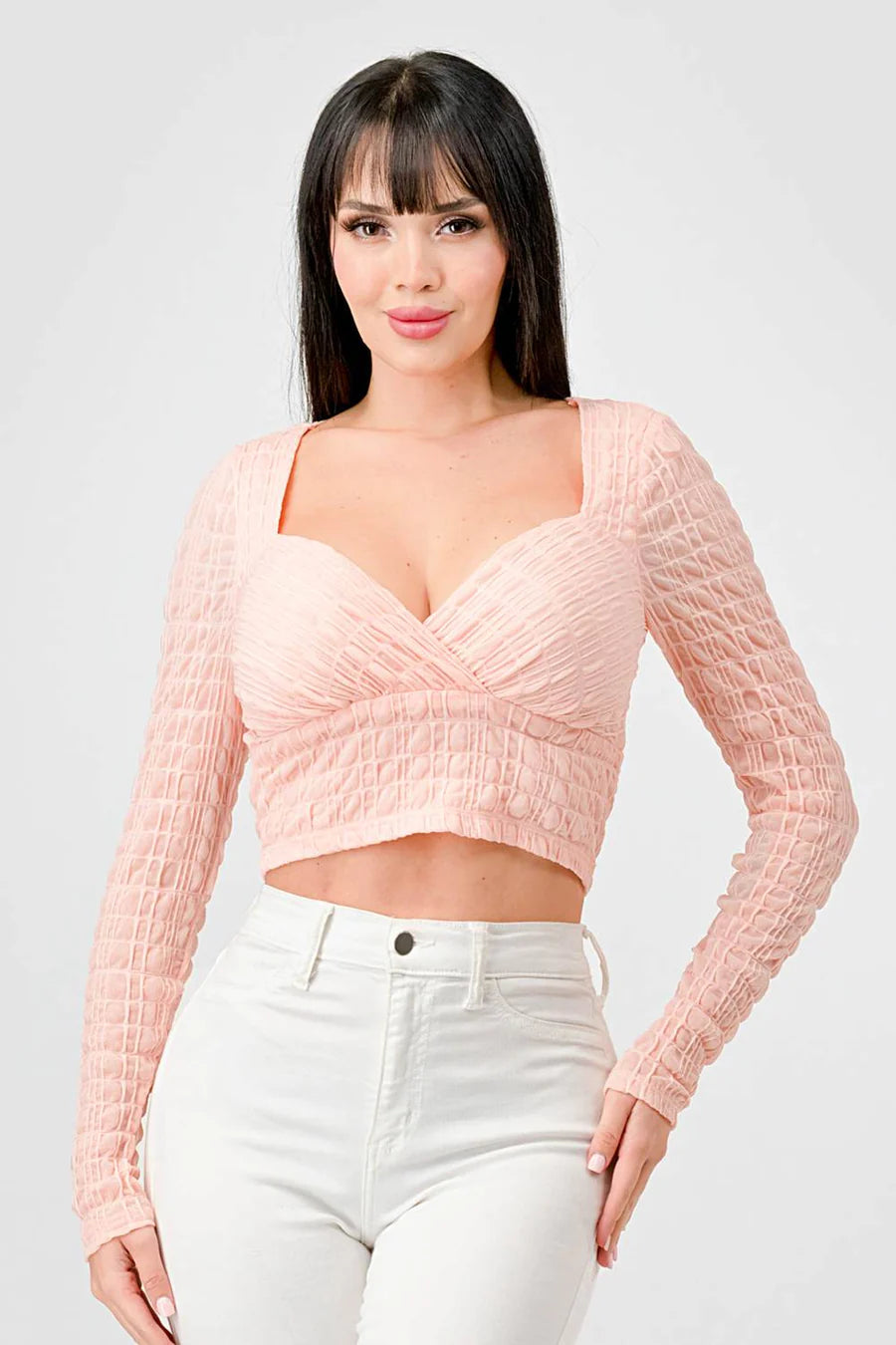 TEXTURED SWEETHEART LONG SLEEVES CROPPED TOP - Vella Moda