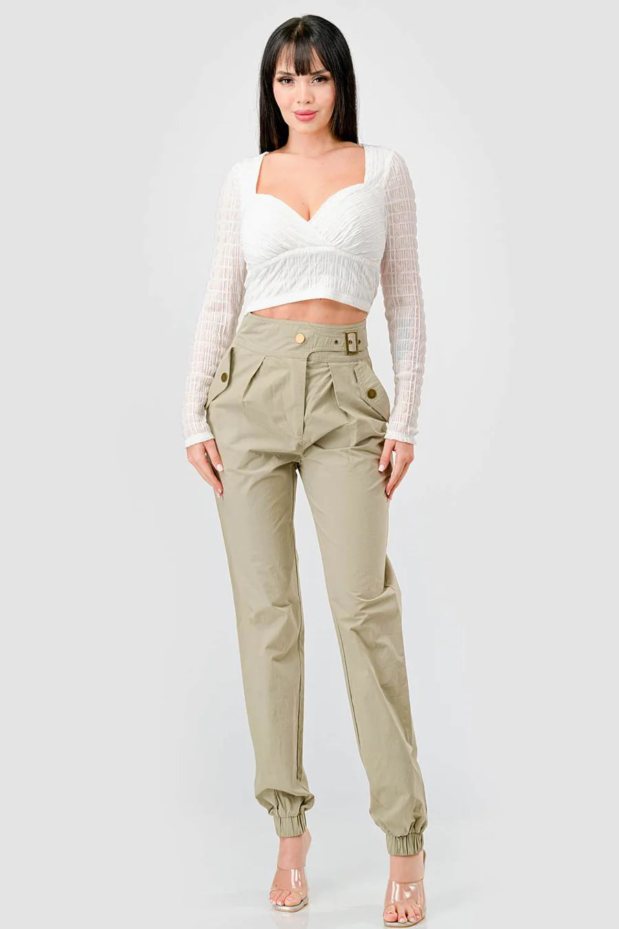 TEXTURED SWEETHEART LONG SLEEVES CROPPED TOP - Vella Moda