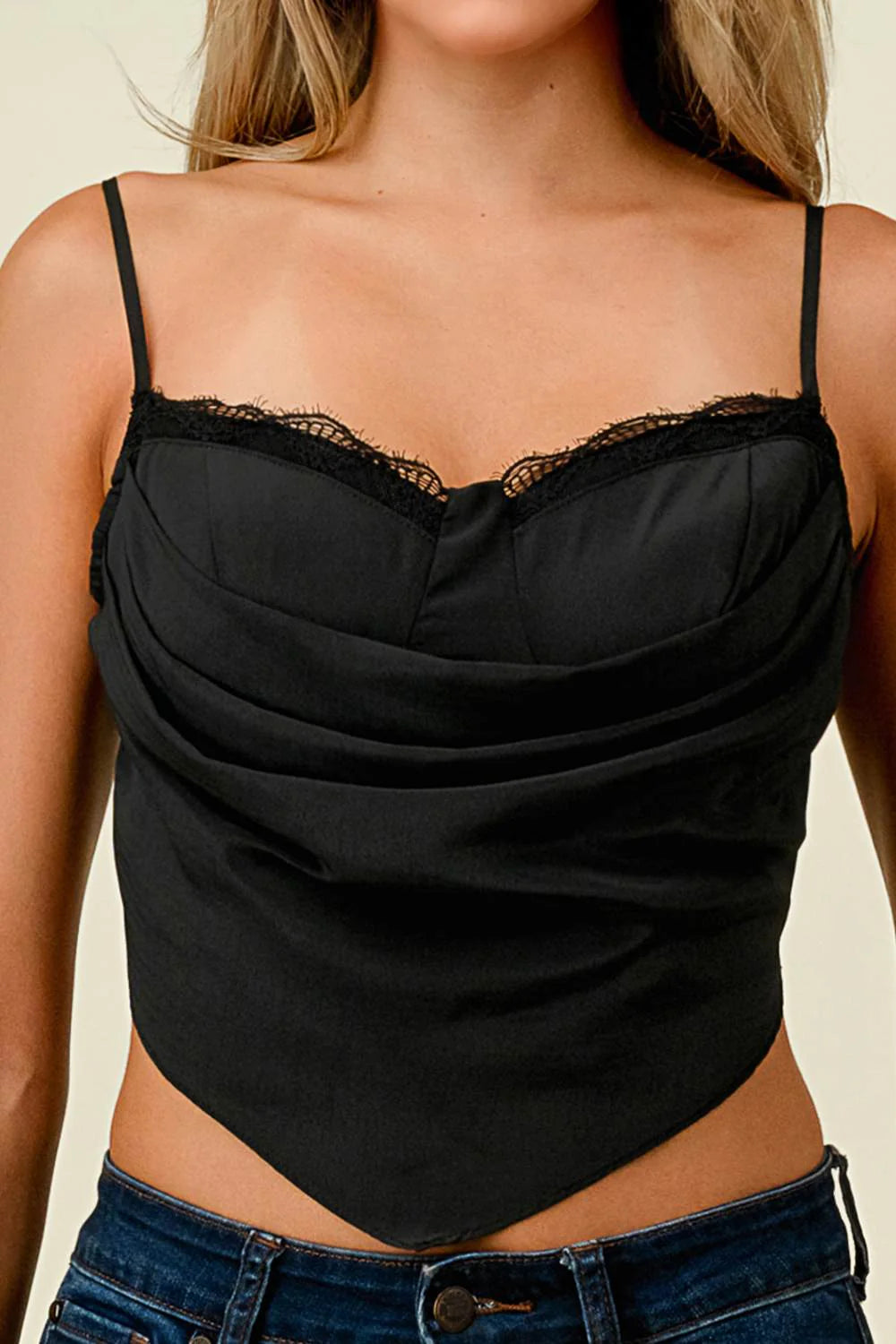 Black cowl neck back-tie cropped top by Privy, featuring a relaxed fit, soft fabric, and stylish back tie detail.