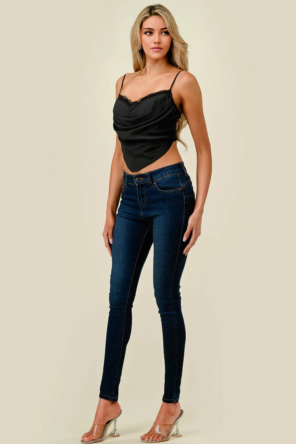 Privy cowl neck back-tie cropped top featuring a relaxed fit and stylish design, shown in a close-up of the front view.