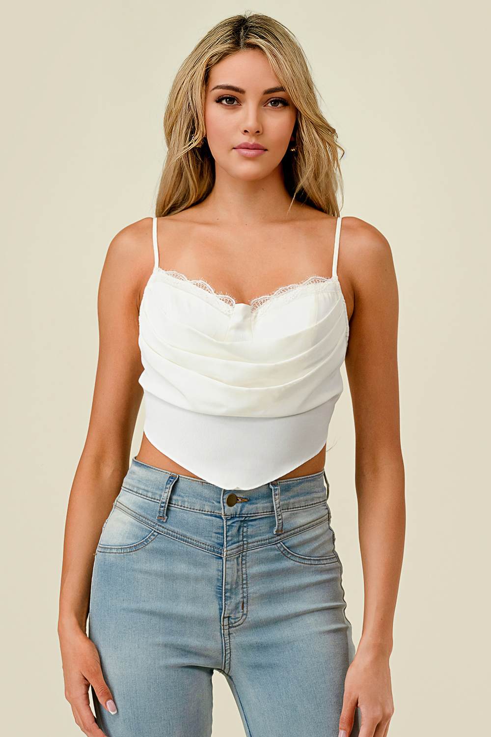 Privy cowl neck back-tie cropped top shown in a stylish design with a relaxed fit and back tie detail.
