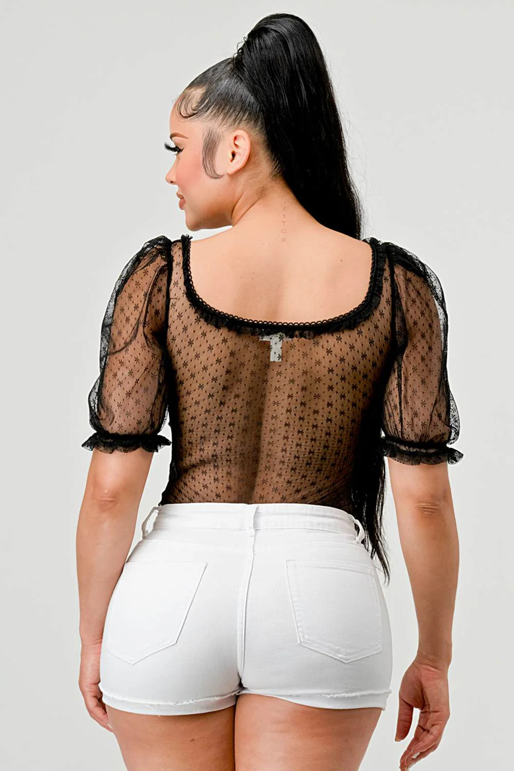 Back view of black floral-mesh square-neck bodysuit